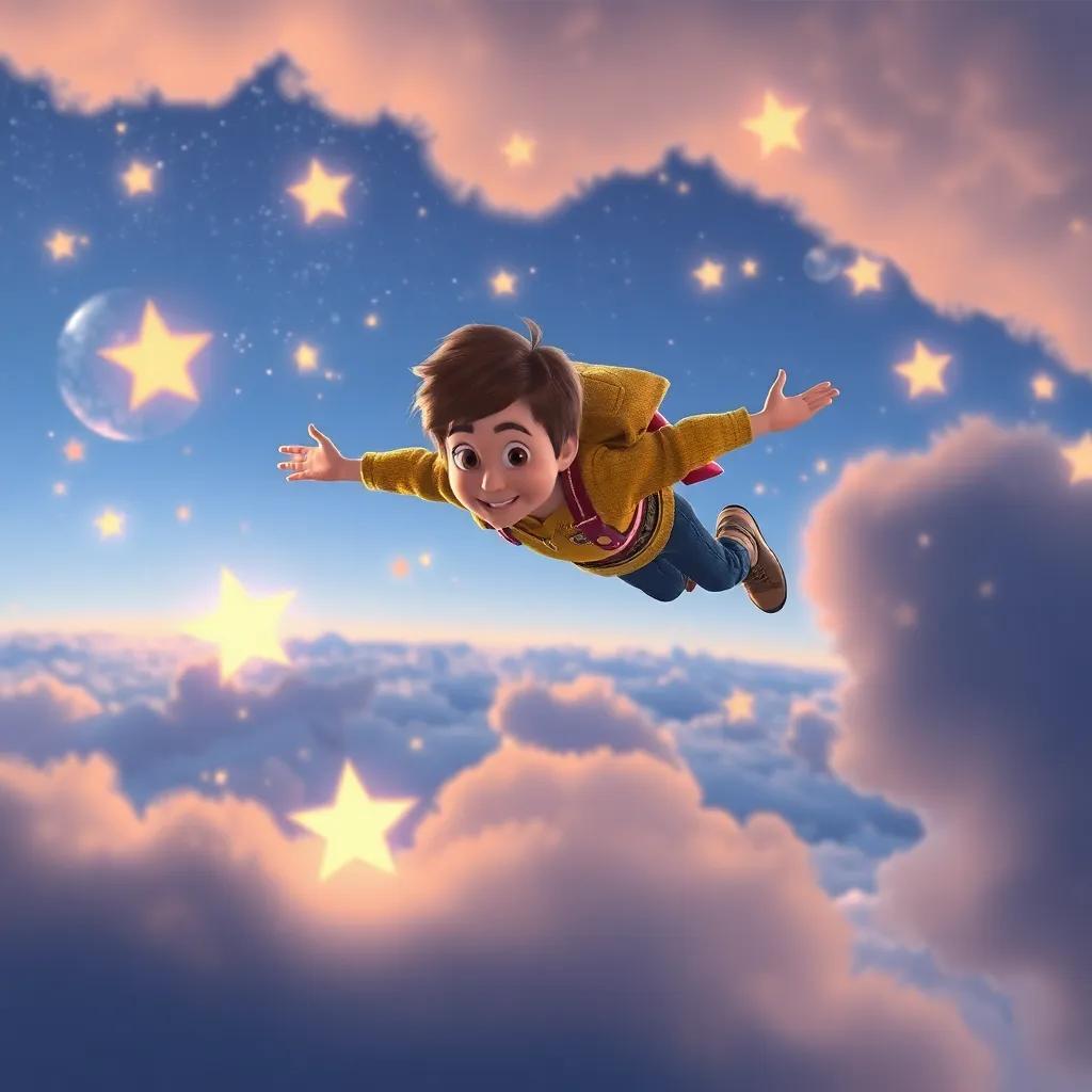 Imágenes de Lucas volando en el cielo, sueños y estrellas a su alrededor, simbolizando la alegría de seguir los sueños, imaginative and magical, high quality