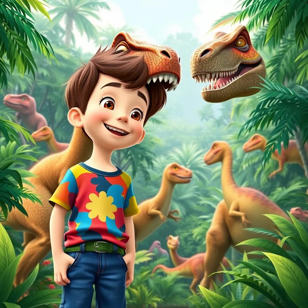 Lucas, a young boy with short brown hair in a colorful t-shirt and jeans, standing in a lush prehistoric jungle filled with dinosaurs, smiling in awe as a friendly T-Rex looks down at him, vibrant colors, adventurous scene, illustration, cheerful, child-friendly