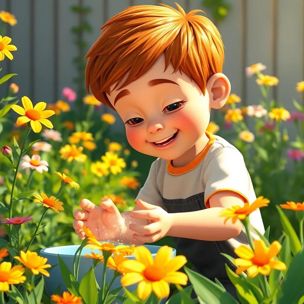 Un niño, Lucas, de 5 años, con cabello castaño y piel clara, cavando en su jardín, encontrando un cohete plateado brillante entre las flores, día soleado, alegre, colores vibrantes, perspectiva nivel del suelo, arte digital, imagen divertida