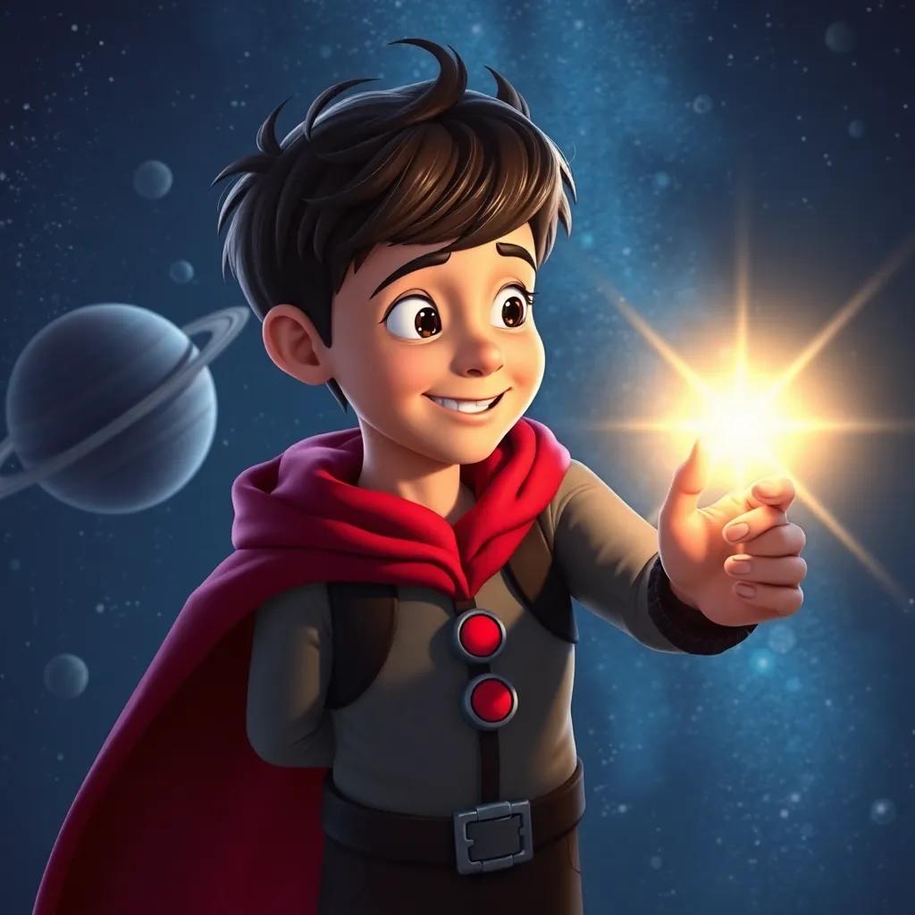 Lucas en su cohete, presionando un botón rojo, el cohete brillando en el espacio, estrellas y planetas de fondo, expresión de emoción, luz resplandeciente, estilo de cuento de hadas, ilustración mágica