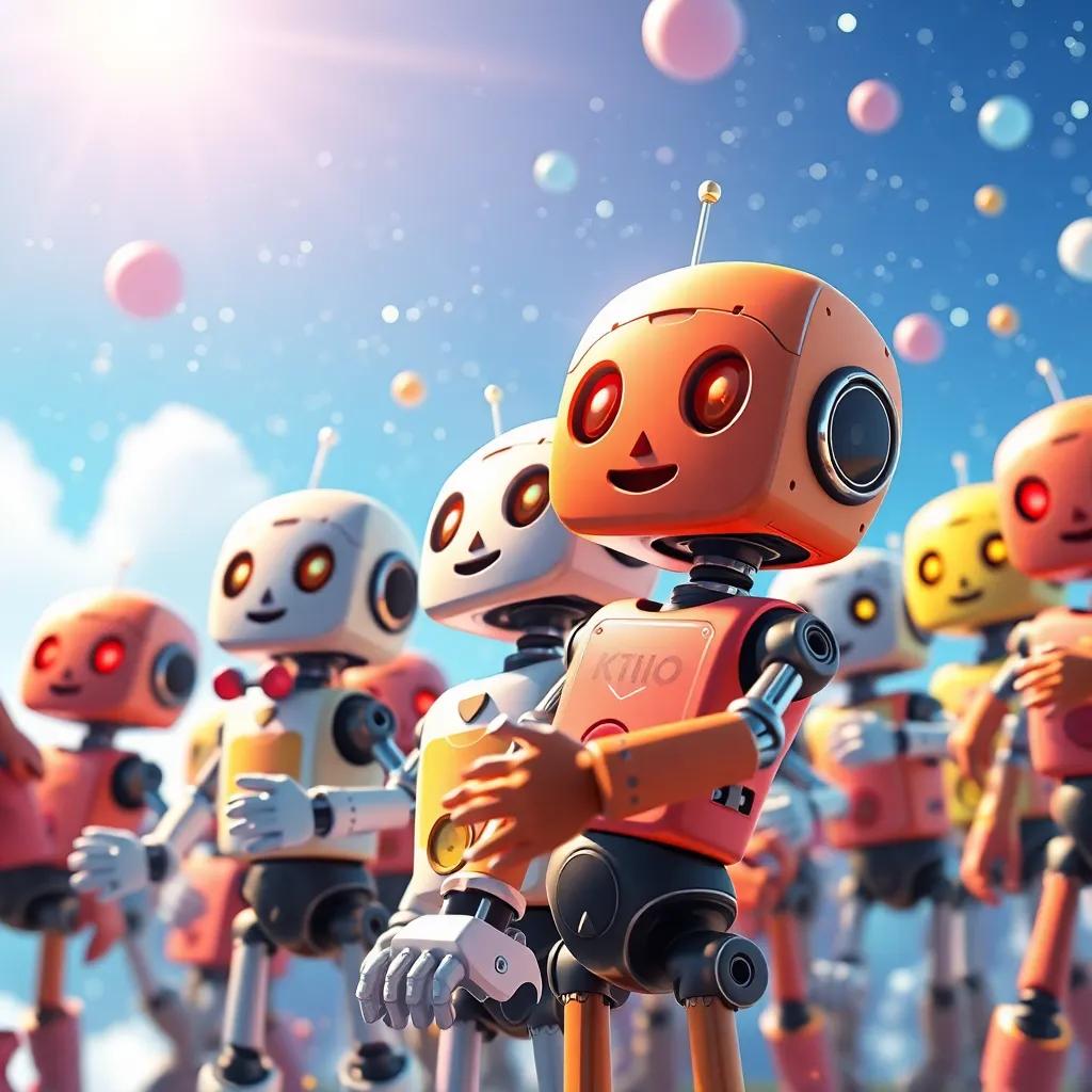 Un planeta extraño lleno de robots felices, robots de diferentes colores y formas, riendo y bailando bajo un cielo azul brillante, estilo animado, ambiente festivo, enfoque en los rostros de los robots