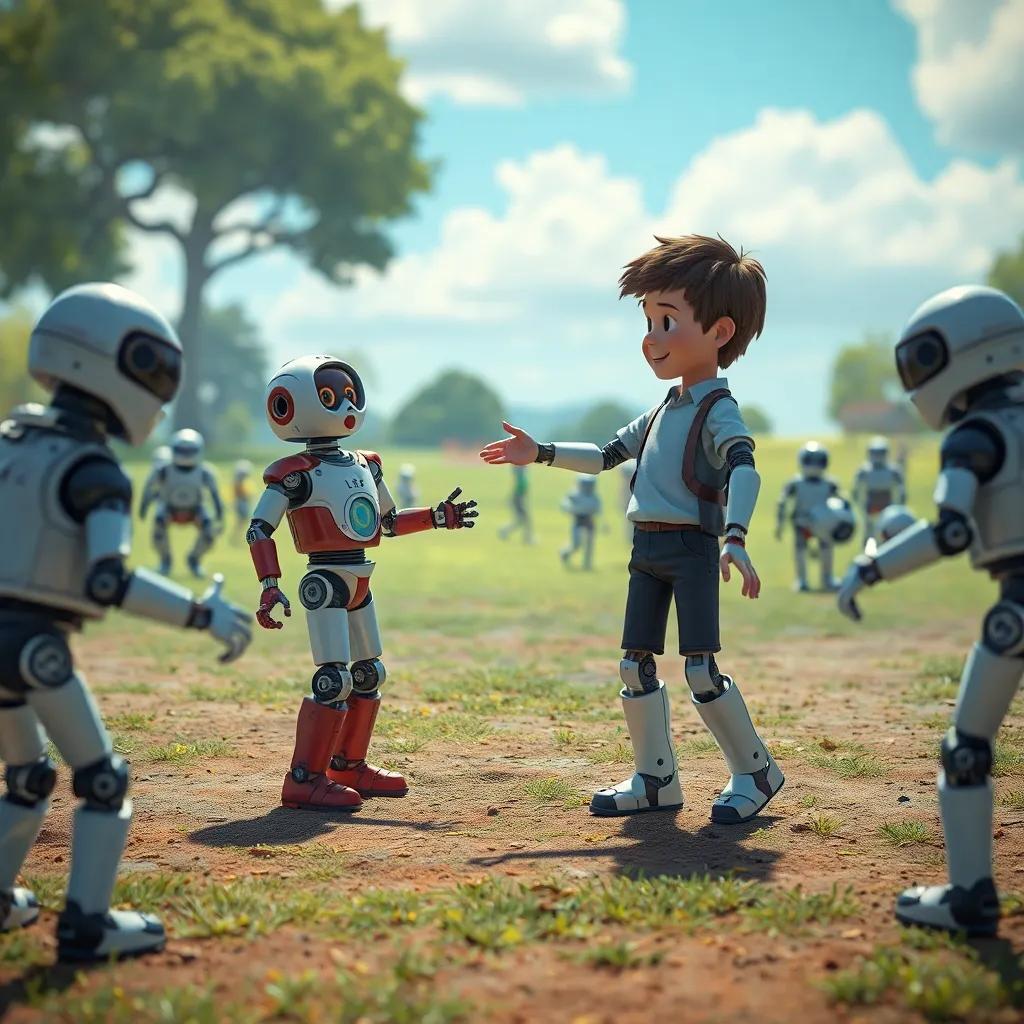 Lucas enseñando a los robots a brincar, en un campo, robots intentando saltar, algunos tambaleándose, risas en el aire, tiza en el suelo formando un tablero de rayuela, captura de momento divertido