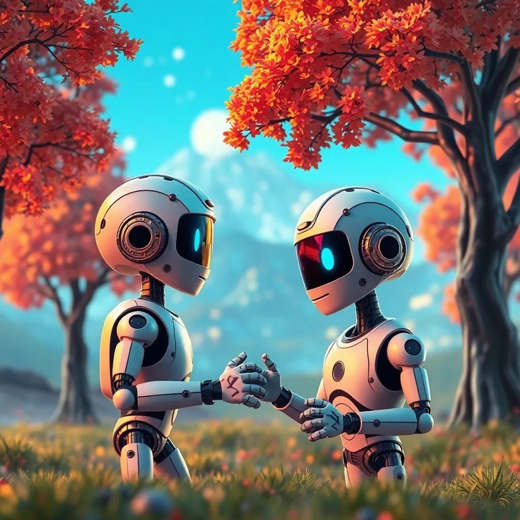 Una escena de robots jugando a las escondidas detrás de árboles metálicos, Lucas buscando con una gran sonrisa, con un fondo de un paisaje brillante y metálico, detalles coloridos, estilo cómico