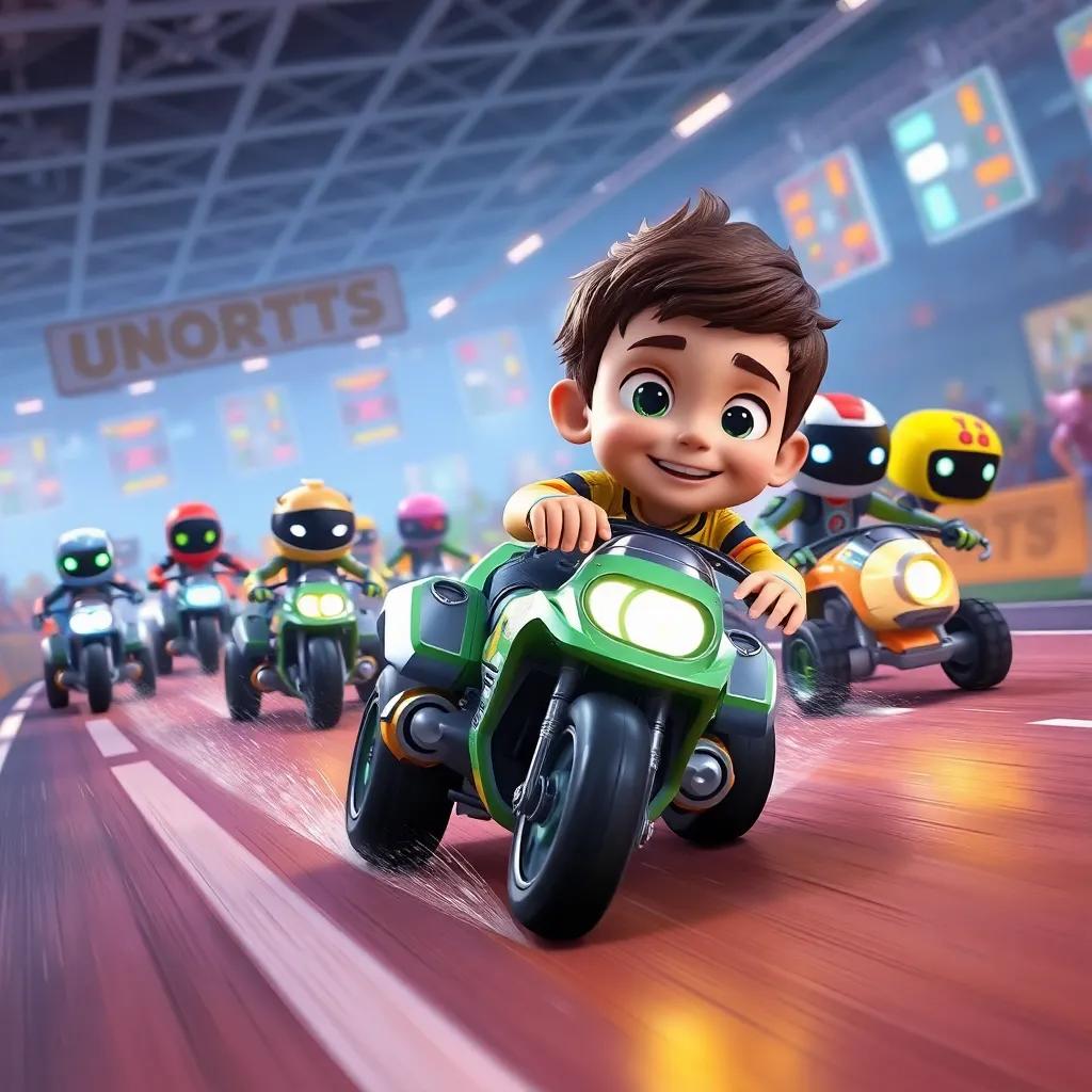 Una gran carrera con Lucas y robots, todos corriendo a toda velocidad, obstáculos divertidos alrededor, robots con caras emocionadas, ambiente de competencia, visión en ángulo bajo