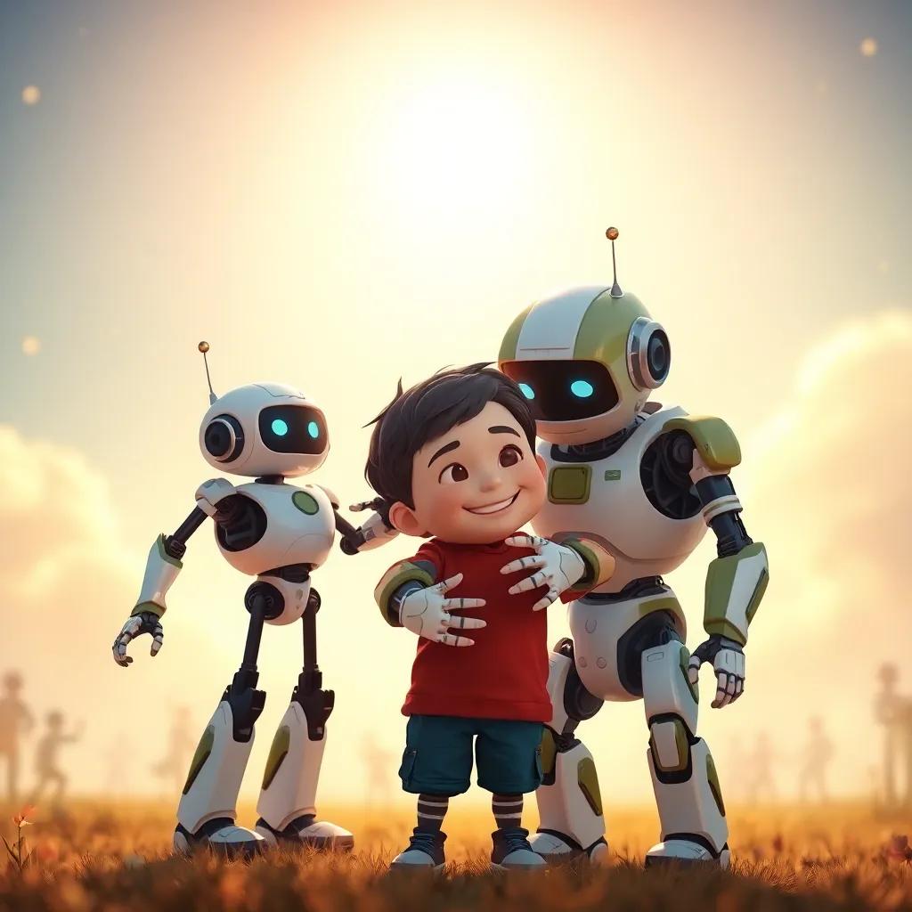 Lucas abrazando a los robots después del juego, todos felices, el sol brillando sobre ellos, fondo lleno de risas y colores vivos, destacando la conexión entre el niño y los robots