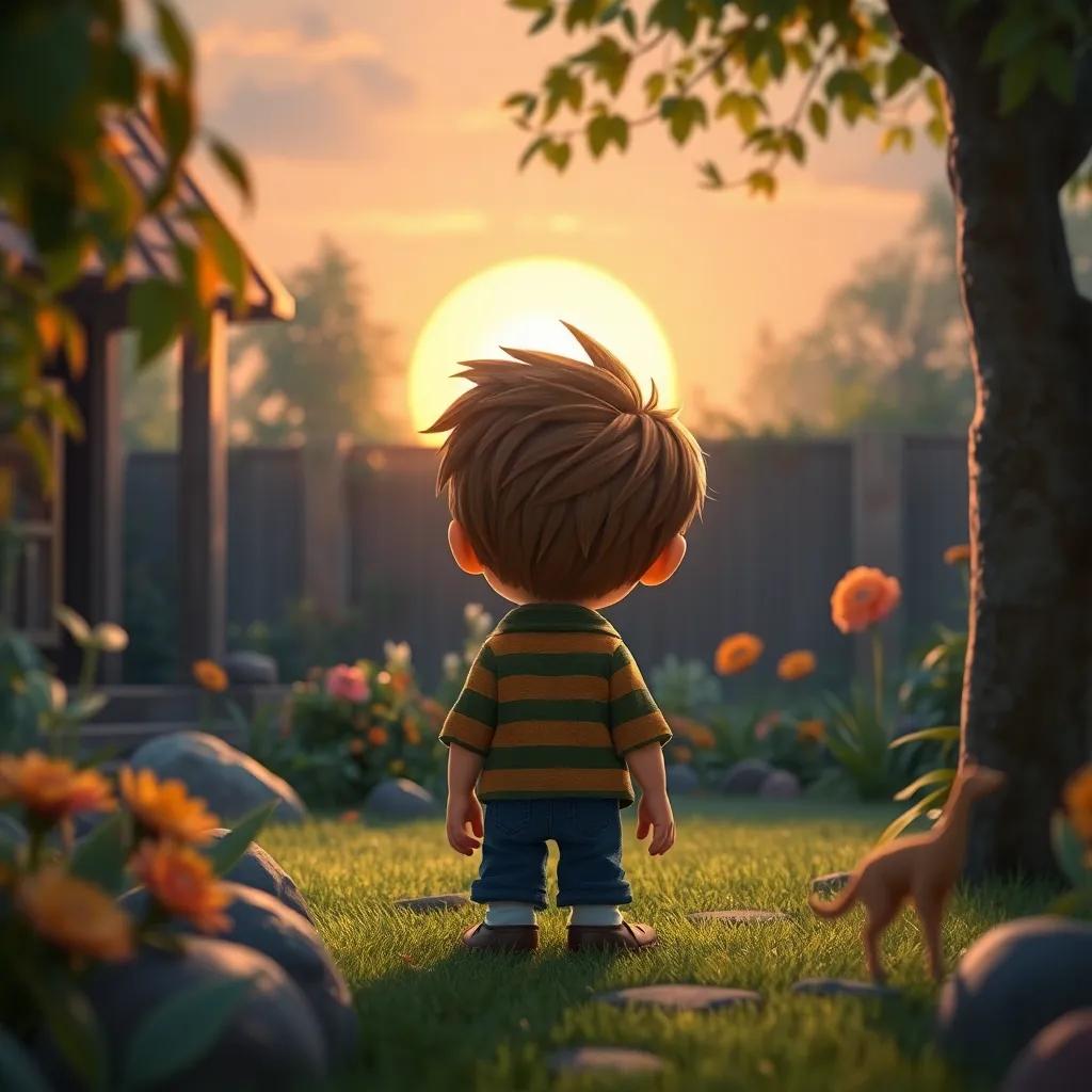 Lucas de regreso en su jardín, mirando el cohete mientras el sol se pone, añorando su aventura, colores cálidos y nostálgicos, estilo cuento de niños.