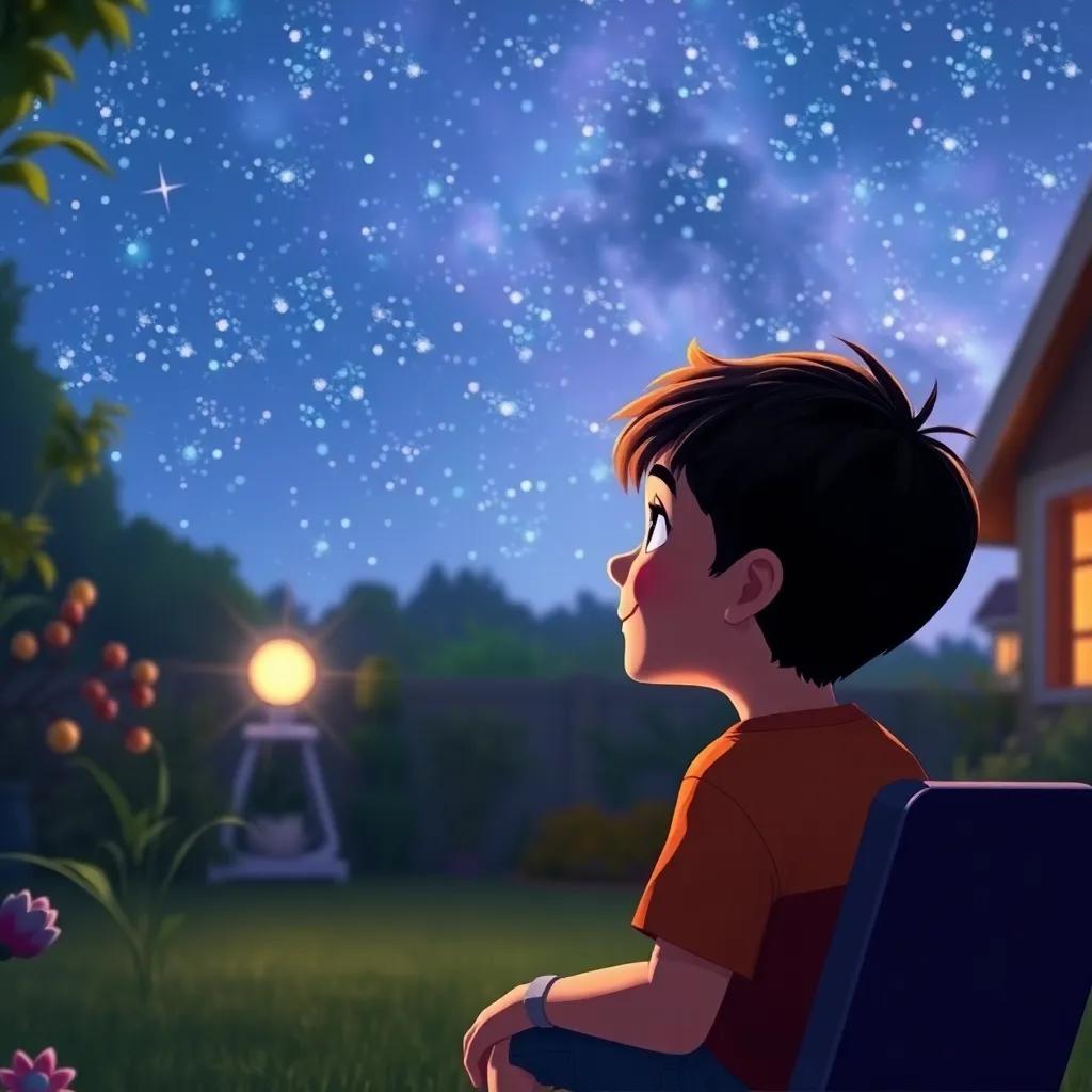 Lucas mirando al cielo estrellado desde su jardín, pensando en los robots, con una sonrisa satisfecha en su rostro, sentimientos de alegría y descubrimiento, ilustración soñadora