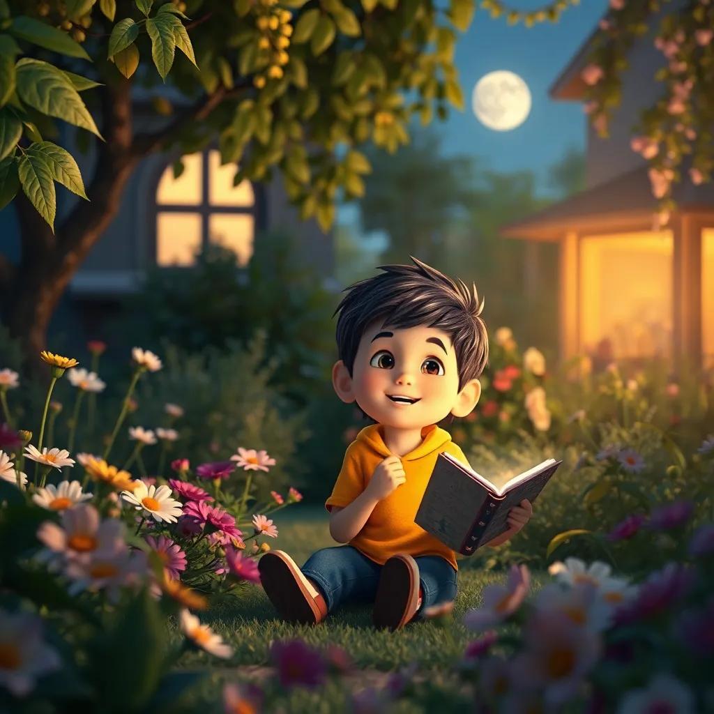Lucas feliz en su jardín, recordando su aventura con los robots y el cohete, rodeado de flores, escena iluminada por la luna, pensamientos llenos de felicidad, historia mágica