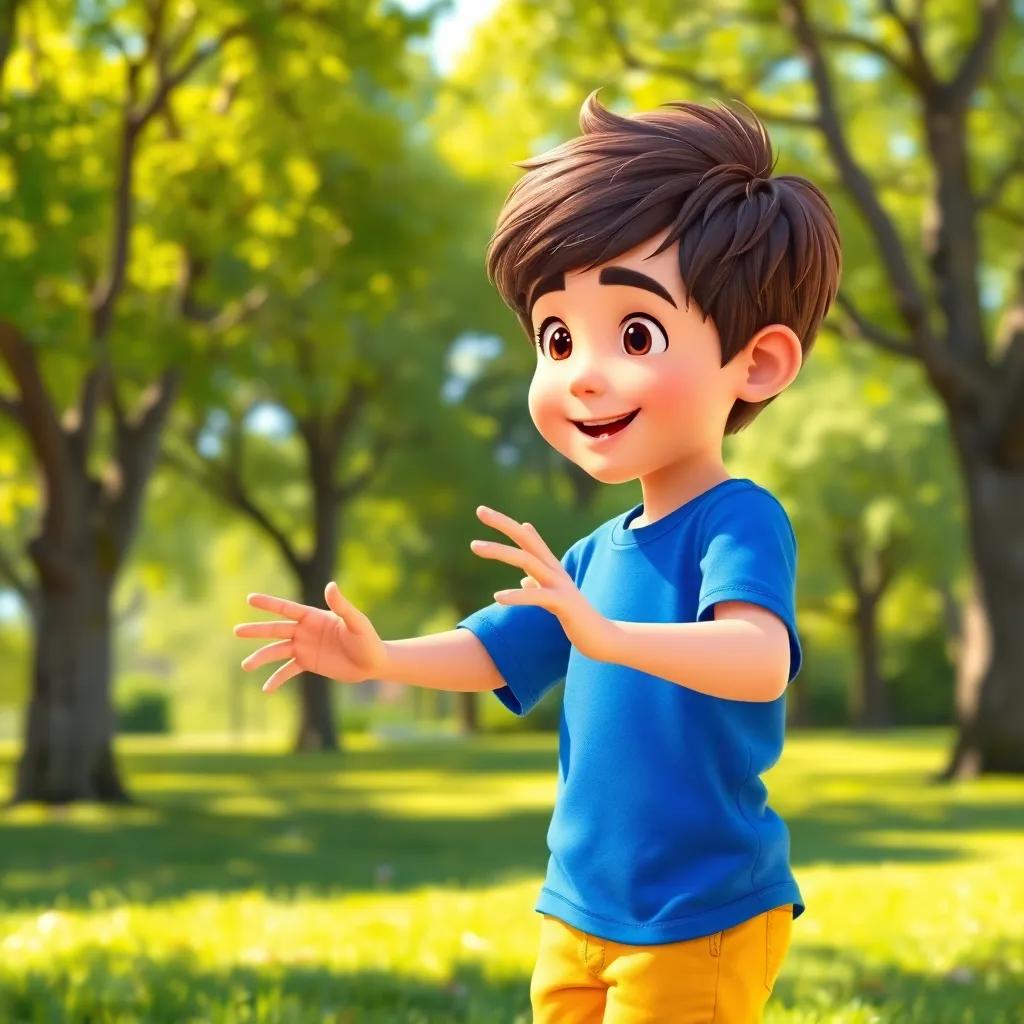 A young boy, Lucas, with short brown hair, wearing a blue shirt and yellow shorts, playing in a sunny park with trees and grass, bright and cheerful atmosphere, colorful, inviting, high quality