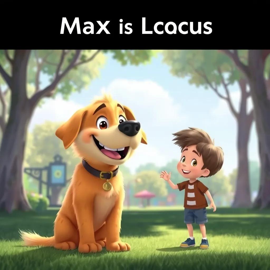 Max, a friendly dog, golden fur and a big smile, talking to Lucas in the park, playful expressions, sunny day, lively background, illustration, joyful, child-friendly