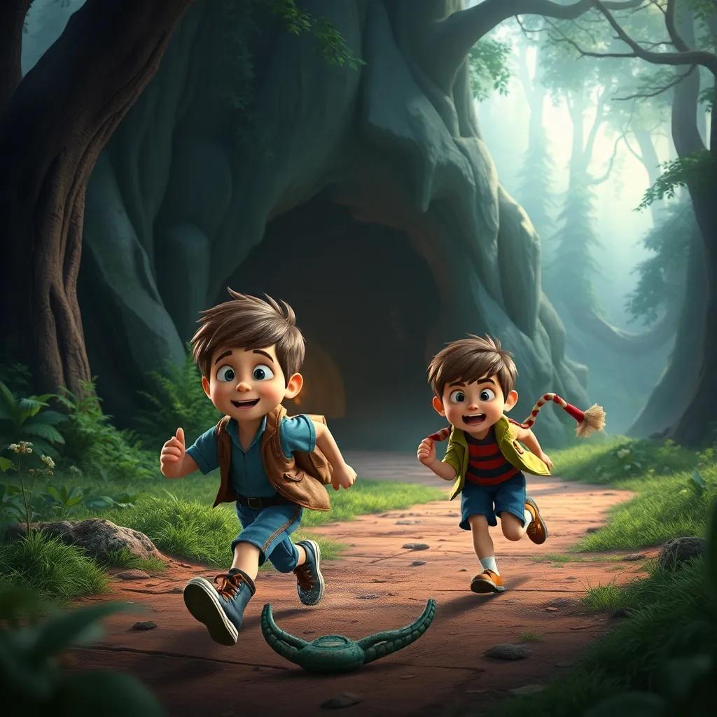 Lucas and Max running in excitement near a mysterious cave in a forest, a little fear on Lucas's face but curiosity shining through, enchanting atmosphere, colorful details, fantasy style