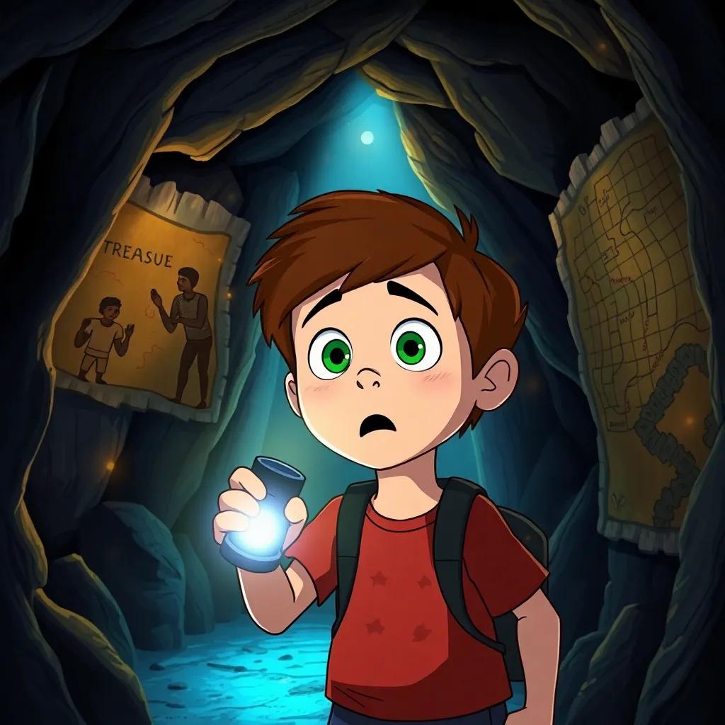 Inside the cave, Lucas holding a flashlight, surprised expression, with ancient paintings on the walls and an old treasure map, glowing lights, adventure-themed, detailed illustration