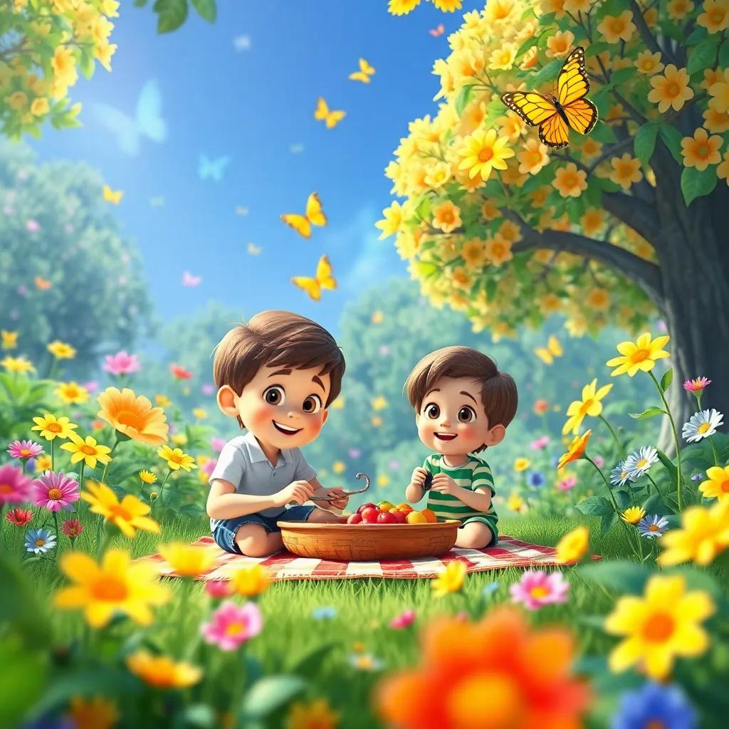 A magical place filled with bright flowers and dancing butterflies, Lucas and Max enjoying a picnic, colorful and vibrant atmosphere, heartwarming scene, cheerful
