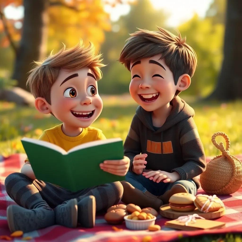 Max telling a funny story to Lucas, who is laughing, while having a picnic on a blanket with goodies, warm colors and friendly vibes, child-safe and inviting