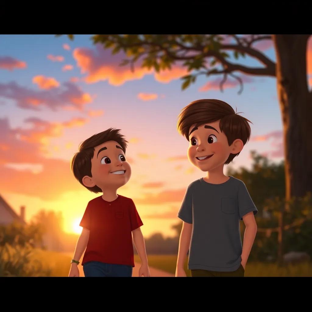 A beautiful sunset as they walk home, Lucas smiling at Max, who has a content expression, soft lighting, warm colors, friendly, heartwarming imagery
