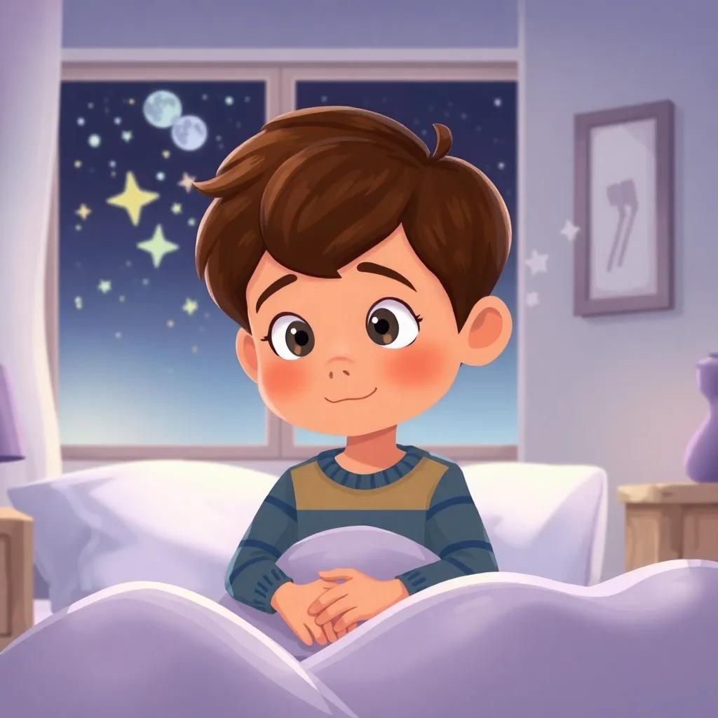 Lucas preparing for bed, dreamy expression, thinking about adventures, stars shining from the window, cozy room, child-friendly, whimsical