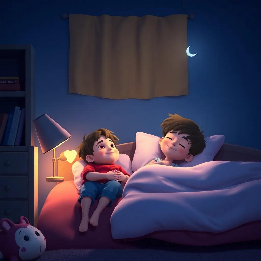 Max by Lucas's side as they sleep, a sense of peace and friendship filling the room, soft nighttime colors, comforting atmosphere, storybook style