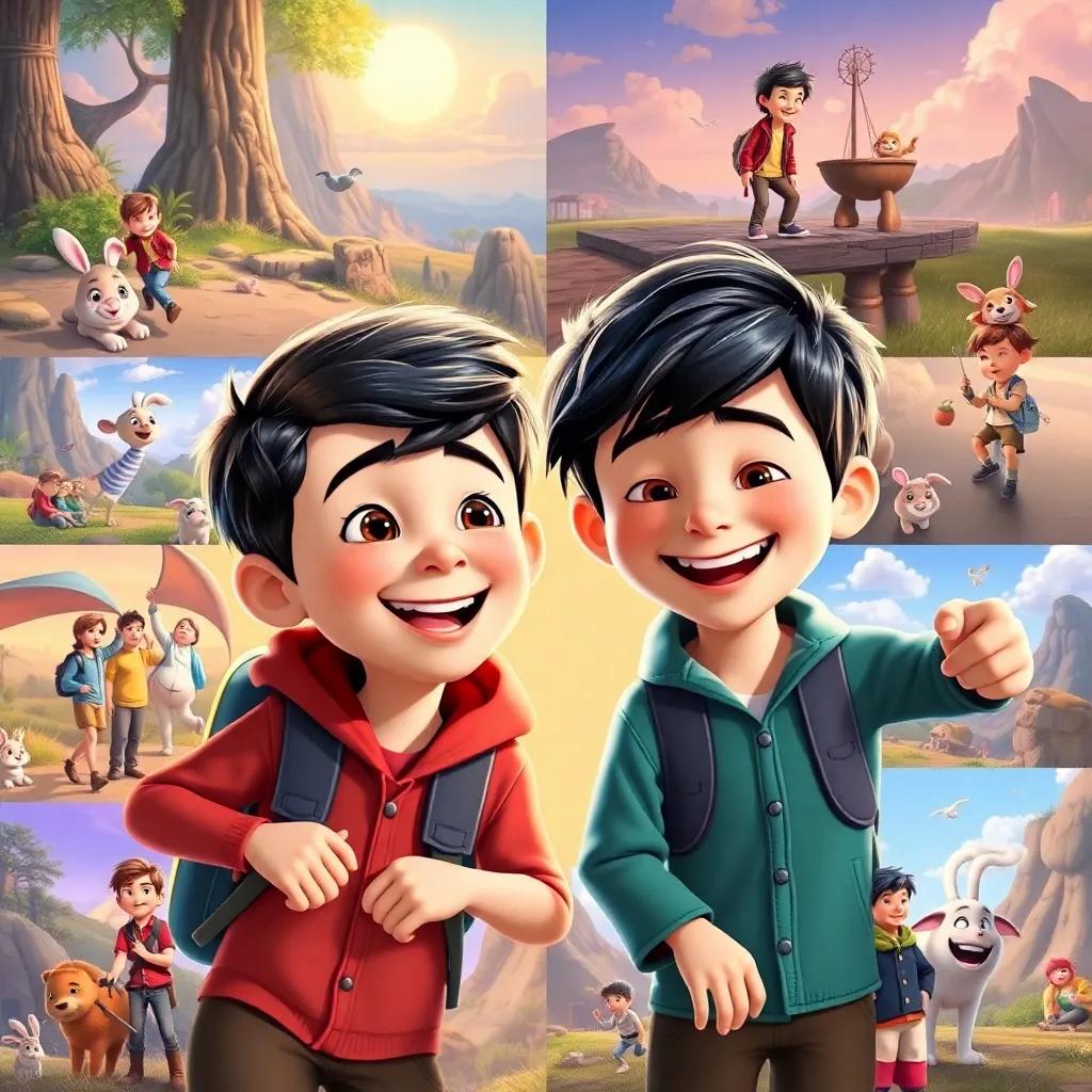 A montage of Lucas and Max's adventures together, highlighting their friendship, filled with laughter and joy, colorful scenes, a collection of delightful moments