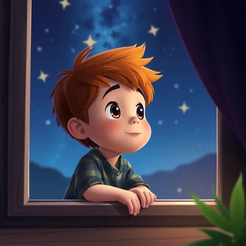 Un niño llamado Tomás, con cabello castaño y ojos brillantes, mirando las estrellas desde su ventana, en un tranquilo ambiente nocturno, digital art, soothing colors, peaceful atmosphere, high quality