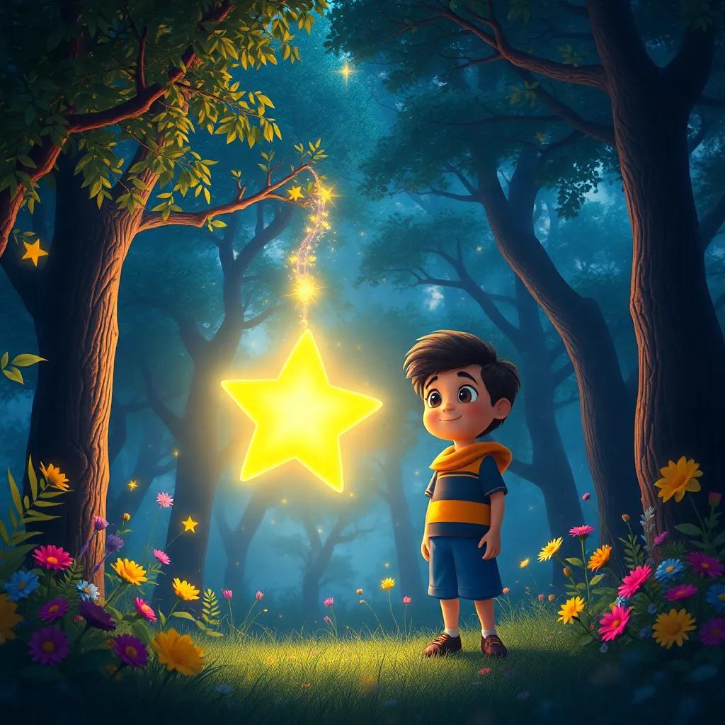 Una hermosa estrella dorada llamada Estrella bajando del cielo y brillando frente a Tomás, rodeada de una suave luz dorada, en un bosque lleno de árboles y flores, digital art, magical scene, vibrant colors
