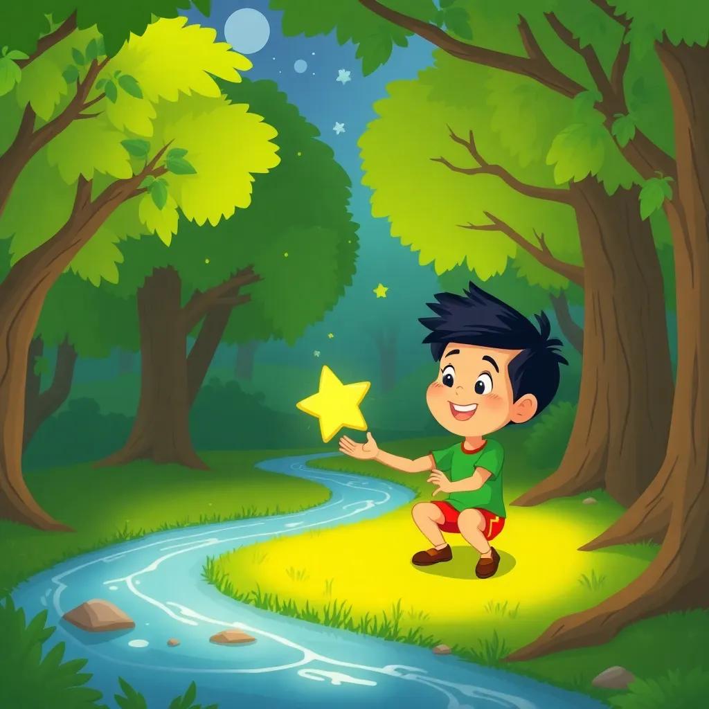 Tomás y Estrella jugando en un bosque, Tomás riendo mientras Estrella, la estrella brillante, vuela alrededor de él iluminándolo, árboles verdes y un río cercano, child-friendly illustration, cheerful, bright colors