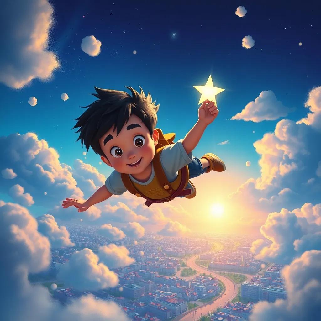 Tomás volando alto en el cielo, sostenido por Estrella, mirando hacia abajo a las ciudades que parecen pequeñas, con nubes esponjosas a su alrededor, digital painting, adventurous, vivid colors