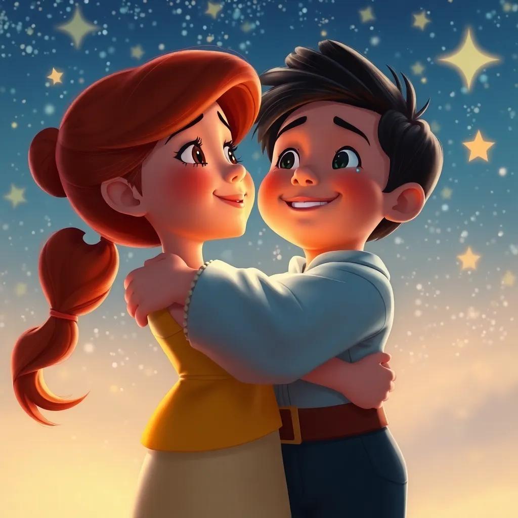 Estrella despidiéndose de Tomás, quien mira hacia el cielo, con lágrimas de alegría en sus ojos, de fondo un cielo lleno de estrellas brillantes, heartwarming scene, emotional, colorful