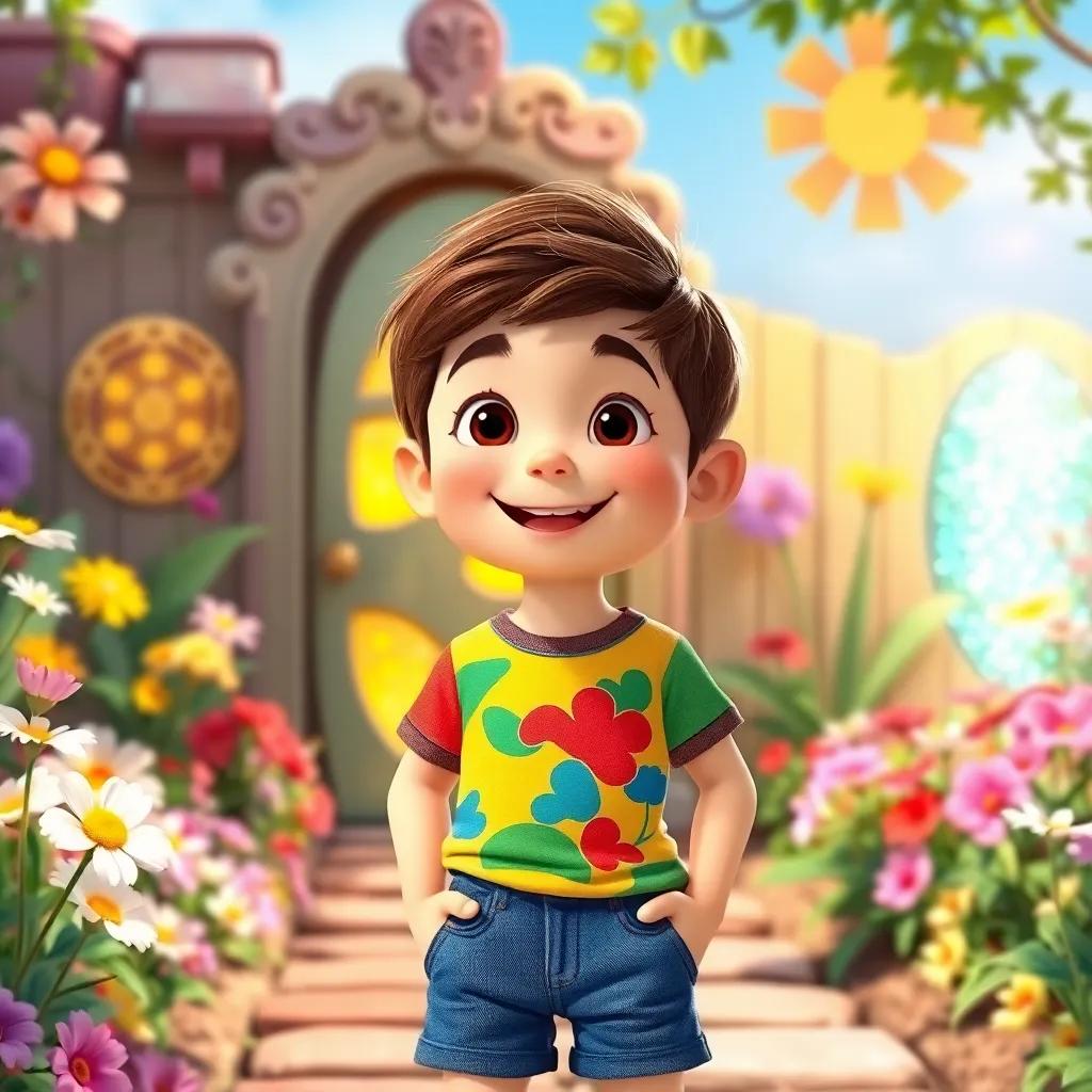 A cheerful boy named Tomás, with short brown hair wearing a colorful t-shirt and denim shorts, standing in his colorful garden with flowers and a sparkling magical door, sunny day, bright colors, adventure vibe, high quality