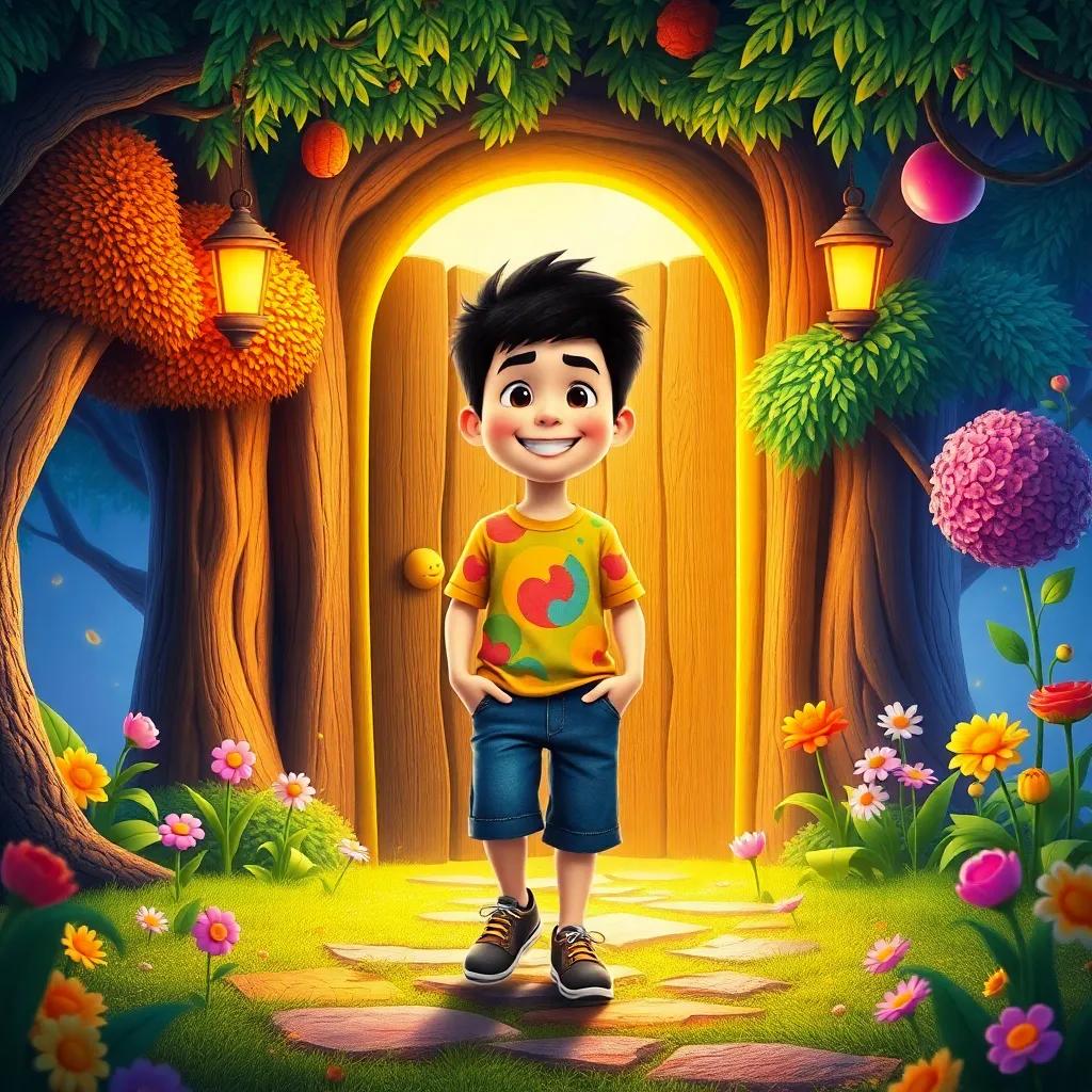 Tomás, a cheerful boy in a colorful t-shirt and denim shorts, stepping through a glowing magical door into a vibrant magical world full of talking trees and dancing flowers, whimsical scene, bright colors, enchanting atmosphere, high quality