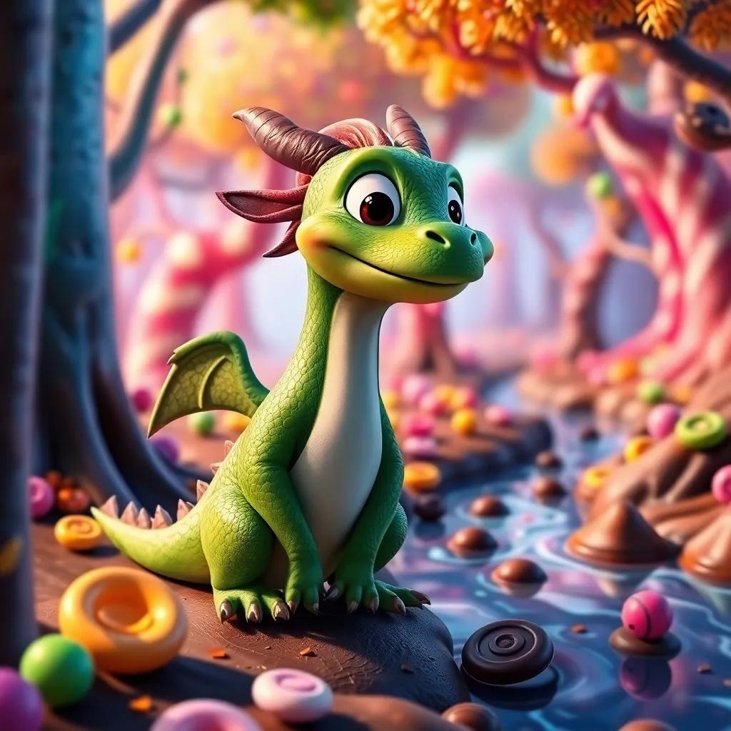 Drago, a small friendly dragon, green with large round eyes, smiling at Tomás, in a colorful magical forest filled with candy trees and chocolate rivers, playful and friendly interactions, high quality