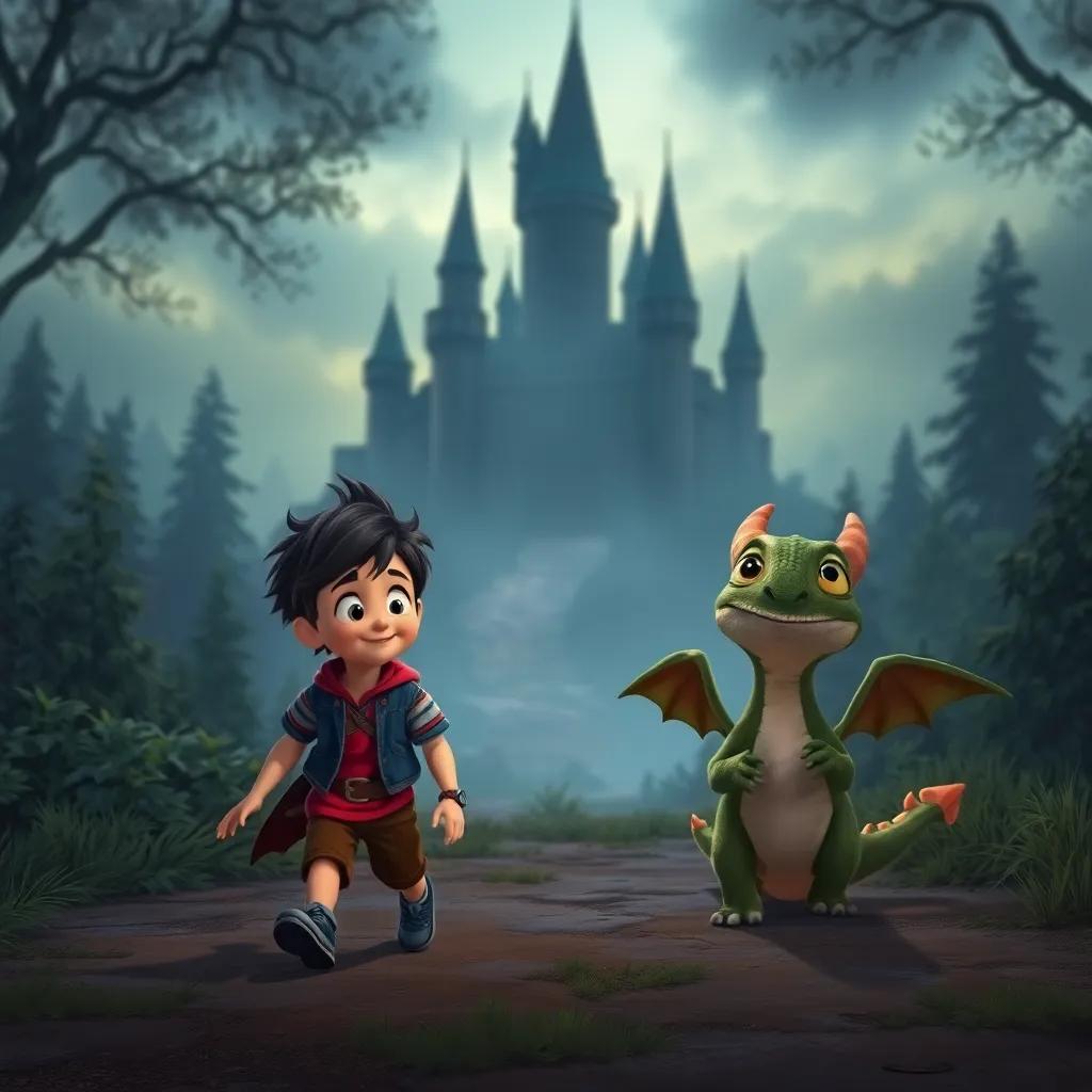 Tomás and Drago, the small friendly dragon, walking bravely towards a dark and mysterious castle in the distance, curious expressions, magical forest background, twilight colors, high quality