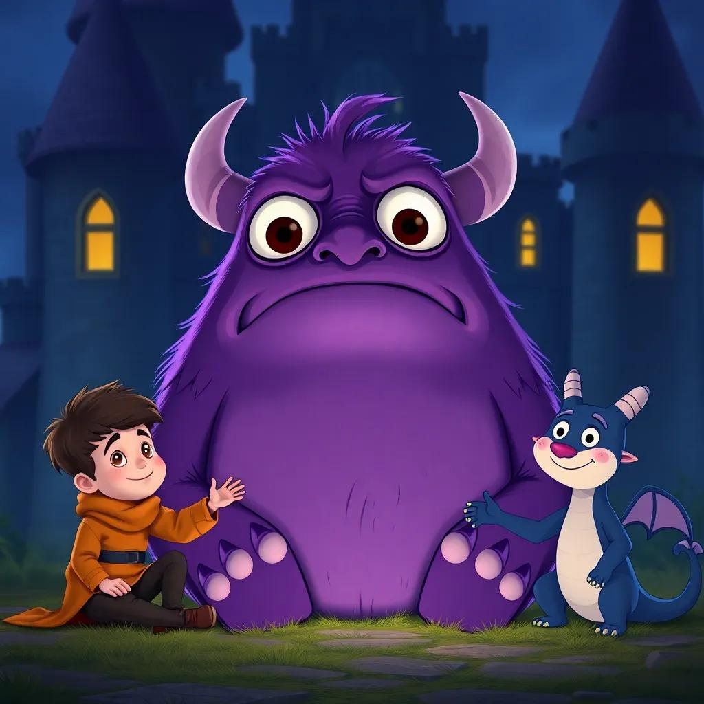 Gruff, a sad, big purple monster with big sad eyes, sitting in front of the dark castle with a frown, surrounded by Tomás and Drago who are smiling and reaching out to him, heartwarming scene, soft light, high quality