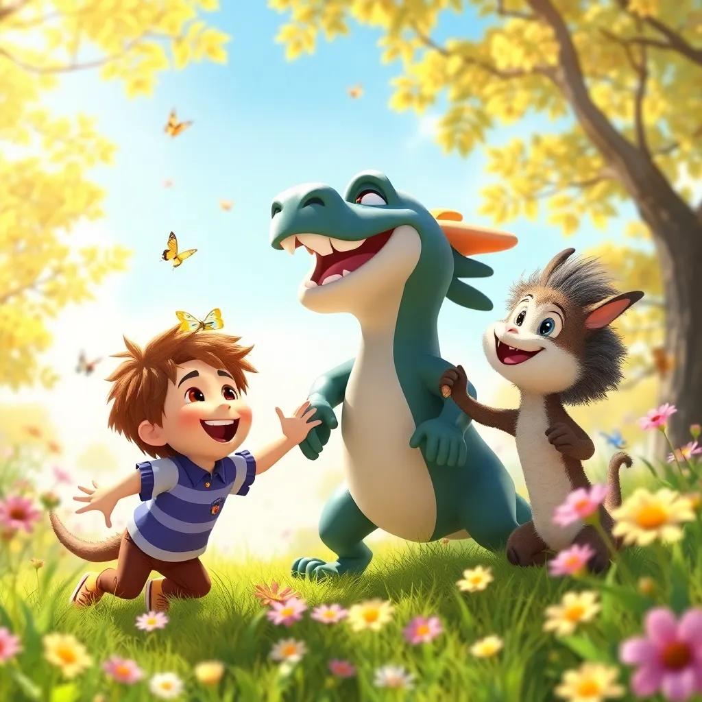 Tomás, Drago, and Gruff joyfully playing together in a sunny clearing, laughter in their eyes, surrounded by bright flowers and butterflies, friendship theme, vibrant colors, high quality