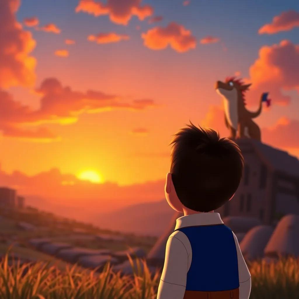 Tomás looking at the sunset sky, saying goodbye with a wave to Drago and Gruff, who are watching him with happy smiles from the magical land, warm sunset colors, heartwarming farewell, high quality