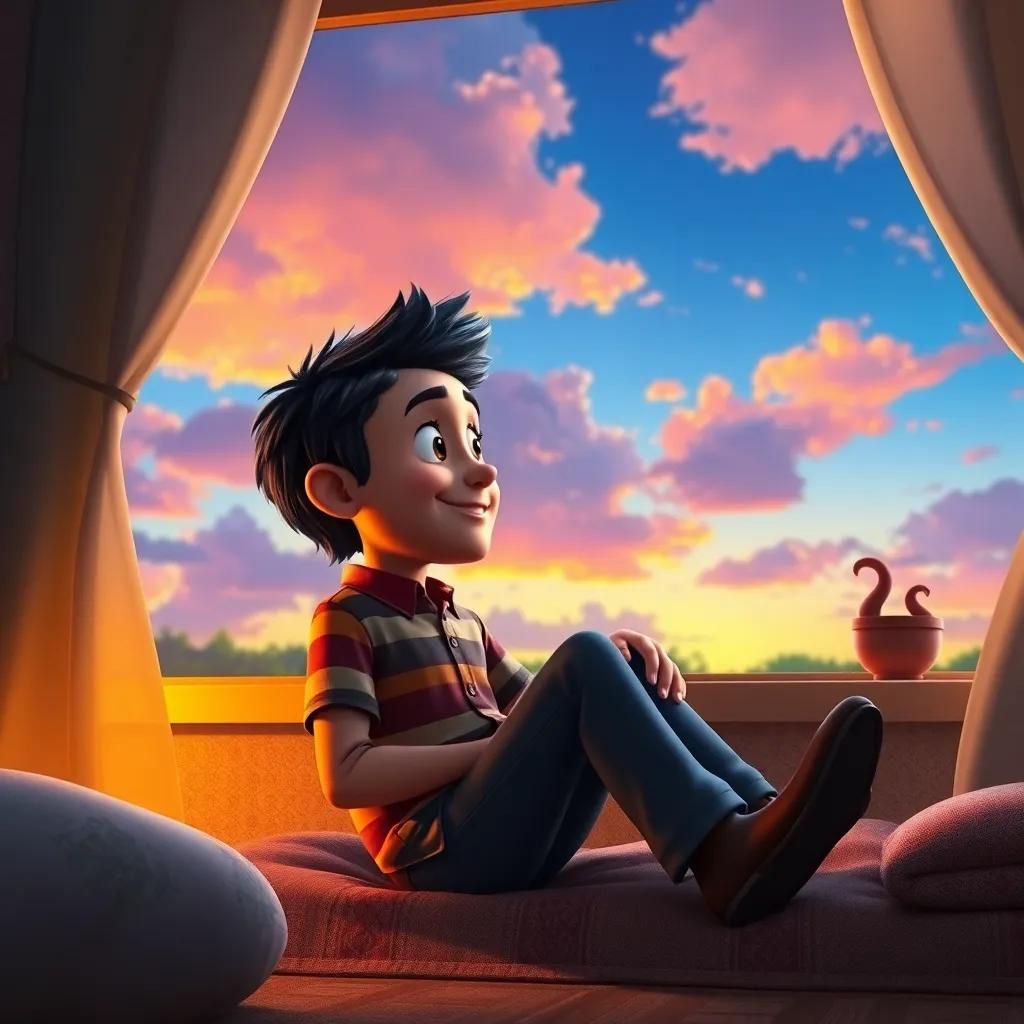 A nostalgic scene of Tomás sitting in his room, looking out the window at the colorful sky, with a smile on his face, remembering his magical adventure, warm light, reflective mood, high quality