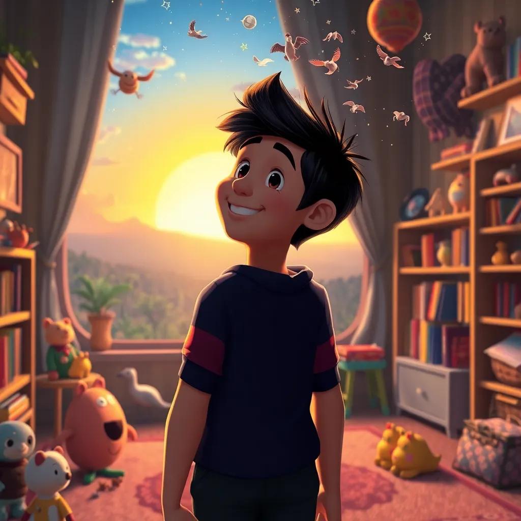Tomás smiling while staring at the sunset, his mind filled with memories of his magical adventure with Drago and Gruff; the room is filled with colorful toys and books, cozy atmosphere, high quality