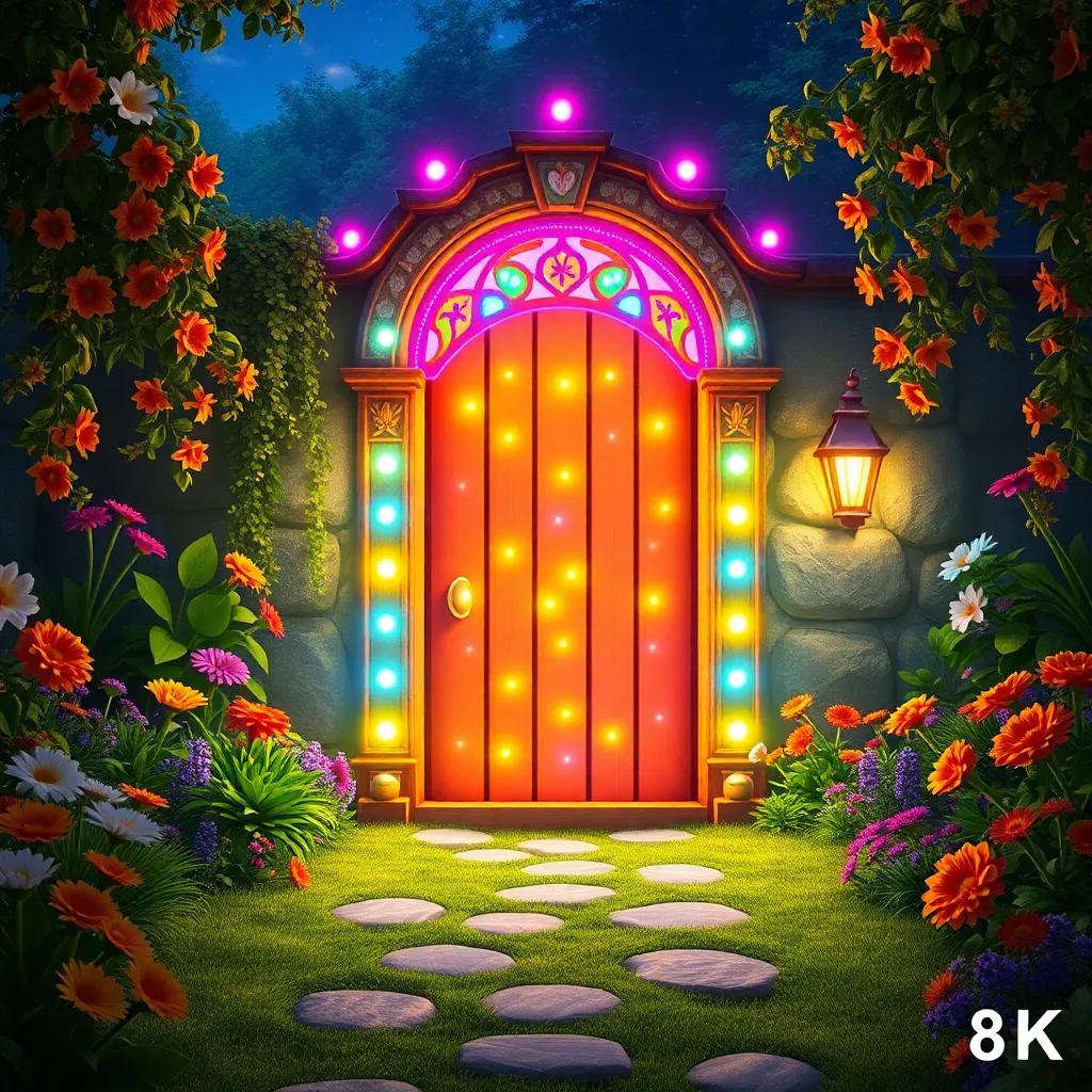 A magical door glowing with colorful lights in the middle of a vibrant garden, inviting and enchanting, a symbol of friendship and adventure, magical realism, high quality