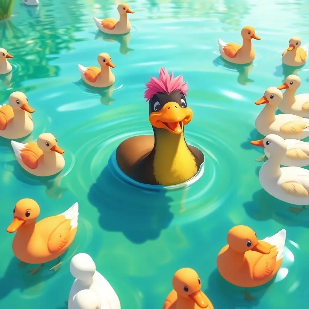 A platypus named Patito swimming in a clear lake surrounded by ducks, cheerful, vibrant colors, sunny atmosphere, friendly interaction, digital art, nature scene, high quality