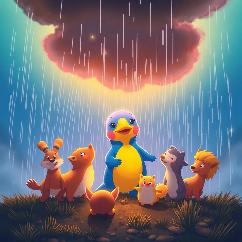 Patito the platypus guiding animals to safety during a storm, showing courage, rainy sky with dark clouds, colorful and comforting warm light, adventure scene, children-friendly