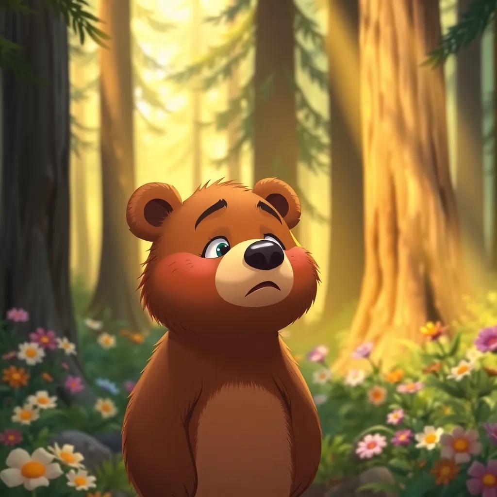 A small bear named Bruno with a shiny brown coat, looking worried in the forest, surrounded by tall trees and colorful flowers, warm sunlight filtering through, illustration, cheerful colors, child-friendly scene, high quality