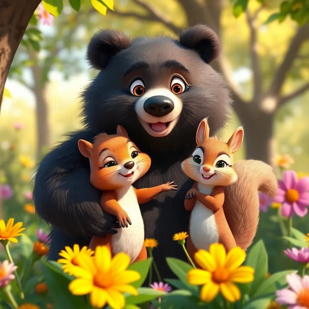 Bruno the bear with Lila the squirrel, fluffy with bright eyes and soft fur, standing together in the trees, vibrant flowers around them, bright and inviting, digital art, happy atmosphere, friendly creatures, warm light, high quality