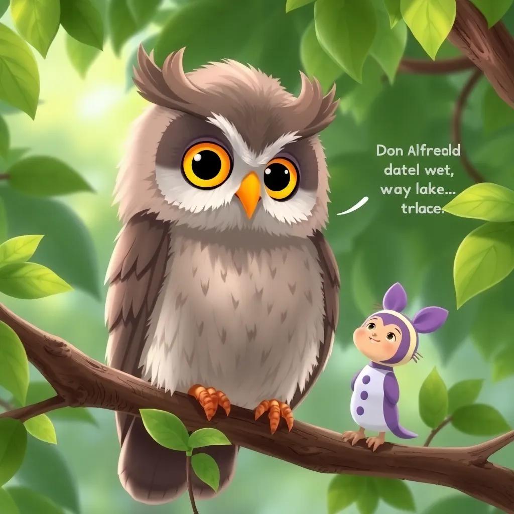 Don Alfredo the wise owl, perched on a branch with gray feathers and big yellow eyes, speaking to Bruno and Lila about the way to the lake, surrounded by green leaves, cozy scene, detailed illustration, bright colors, high quality