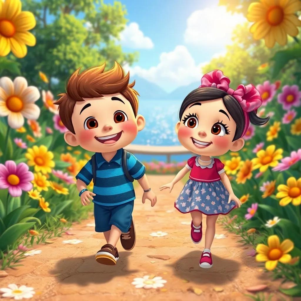 Bruno and Lila walking down a flower path with a cheerful expression, bright flowers around them leading to a sparkling lake in the distance, sunny day, colorful, joyful atmosphere, child-friendly art, high quality