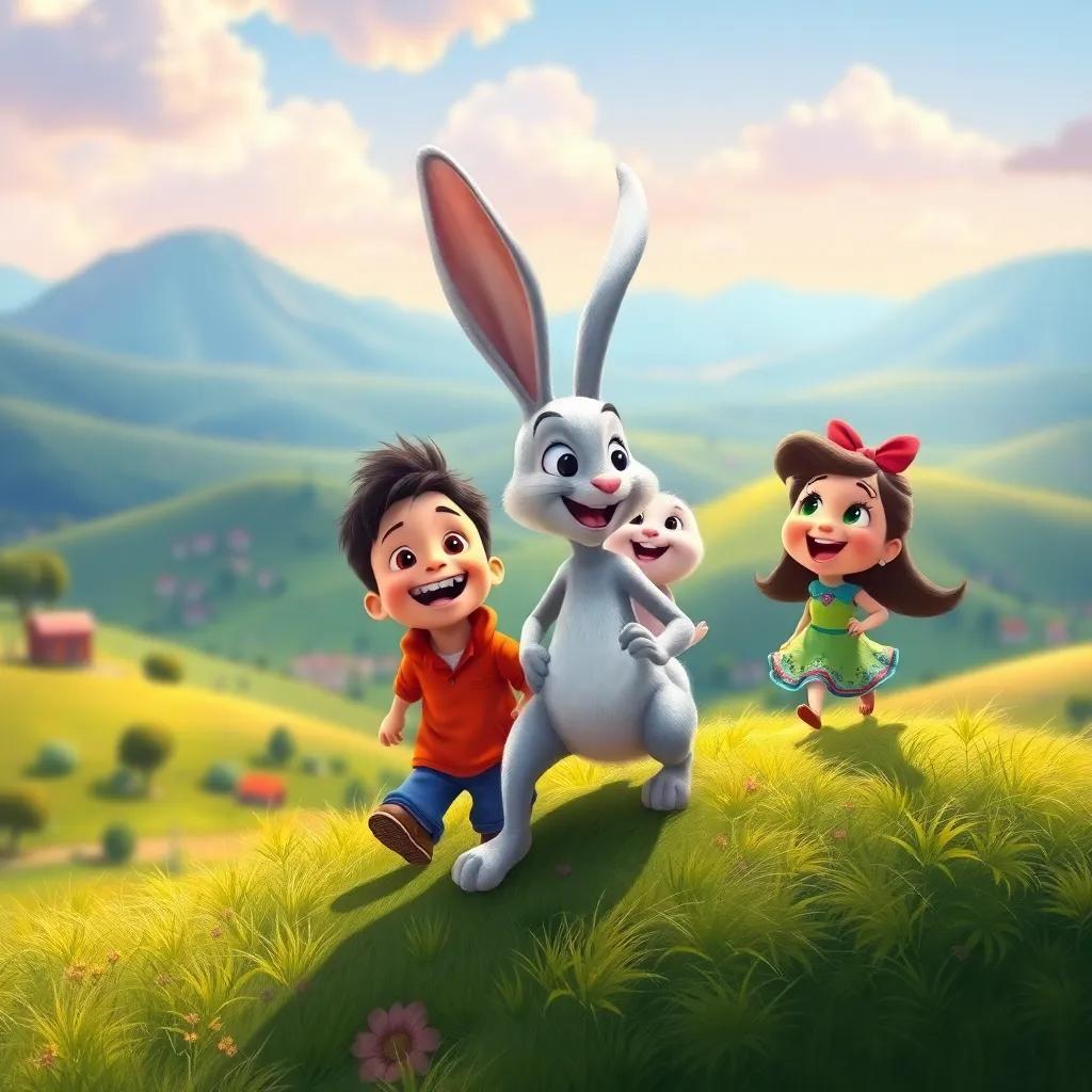 Paco the rabbit, white with long ears, leading Bruno and Lila up a hill, colorful landscape in the background with laughter and song, vibrant, playful, engaging scene, digital painting, high quality