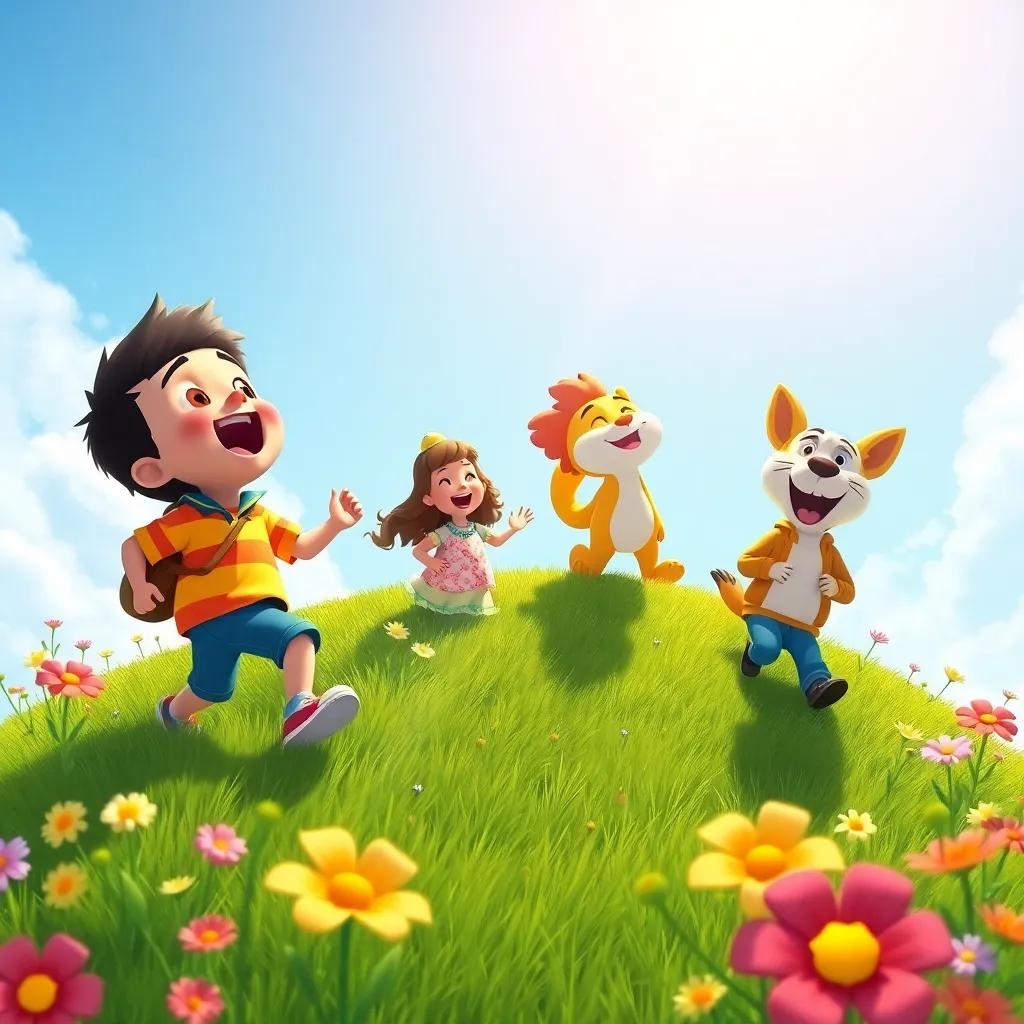 Bruno, Lila, and Paco singing happily while climbing the hill, surrounded by a bright sky and blooming flowers, cheerful atmosphere, bright and colorful, joyful illustration, high quality