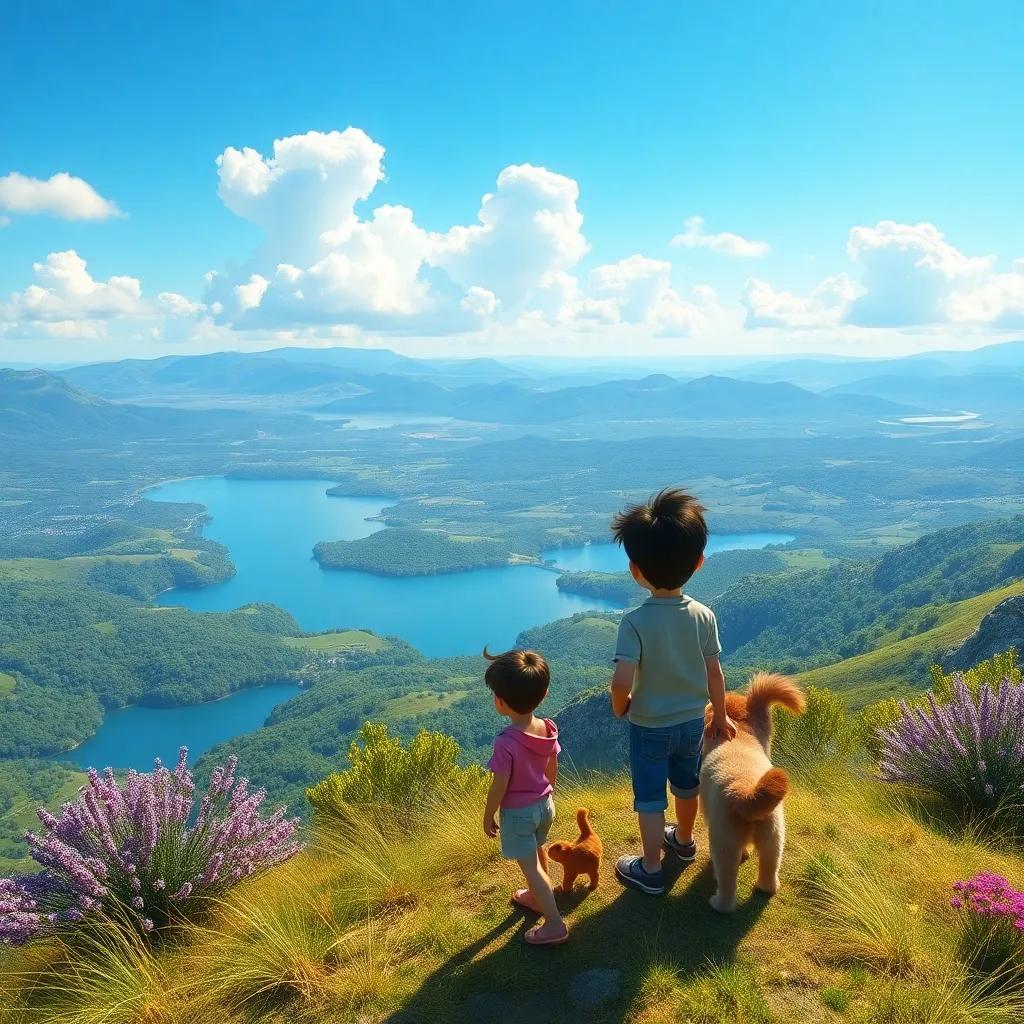 View from the hilltop showing the beautiful landscape and lake, Bruno with Lila and Paco looking excitedly over the view, bright sky and soft clouds, serene and enchanting, vibrant colors, high quality