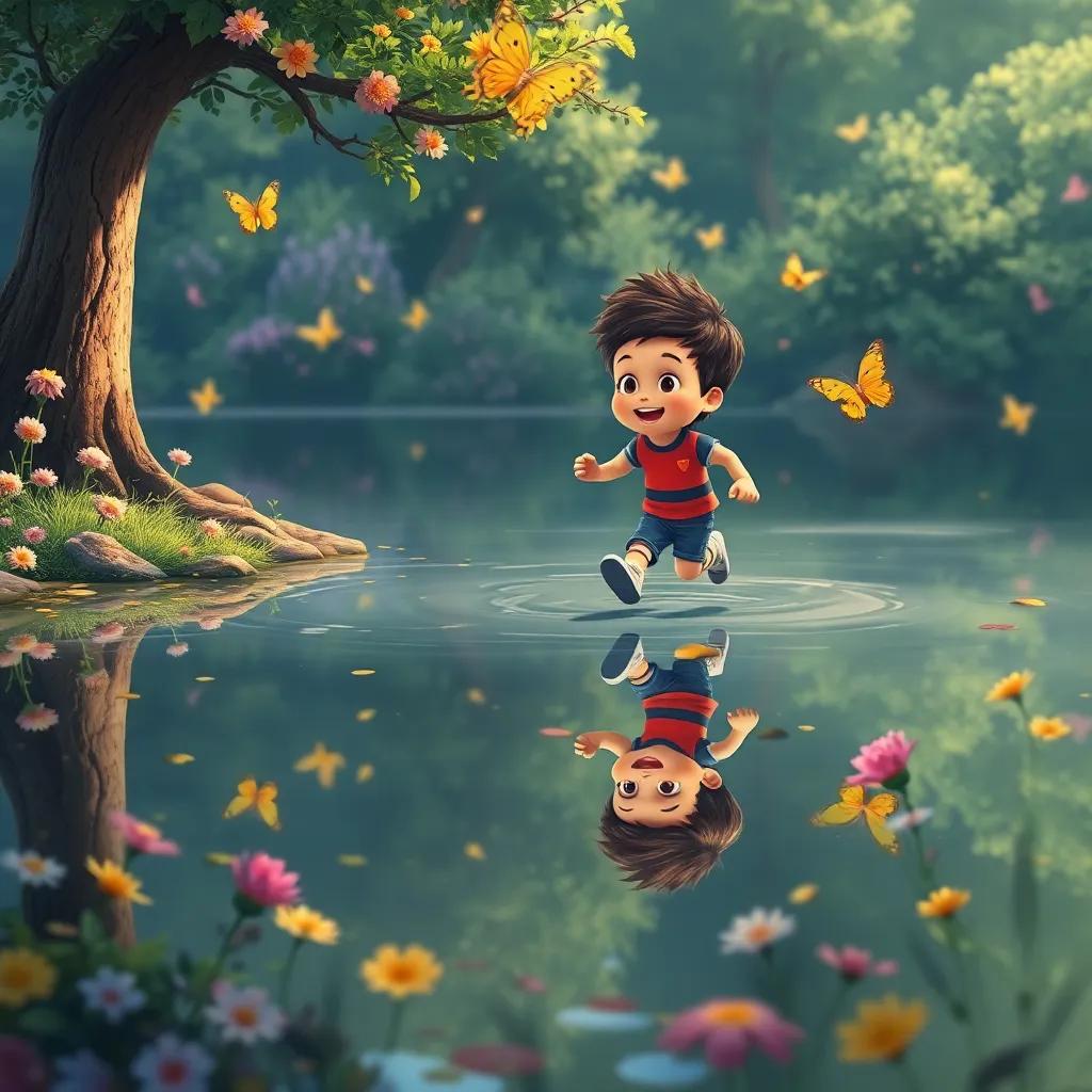 Bruno seeing his reflection in the lake while happily running to his mother, a lush surrounding with butterflies and flowers, love and joy in the air, heartwarming moment, child-friendly art, high quality