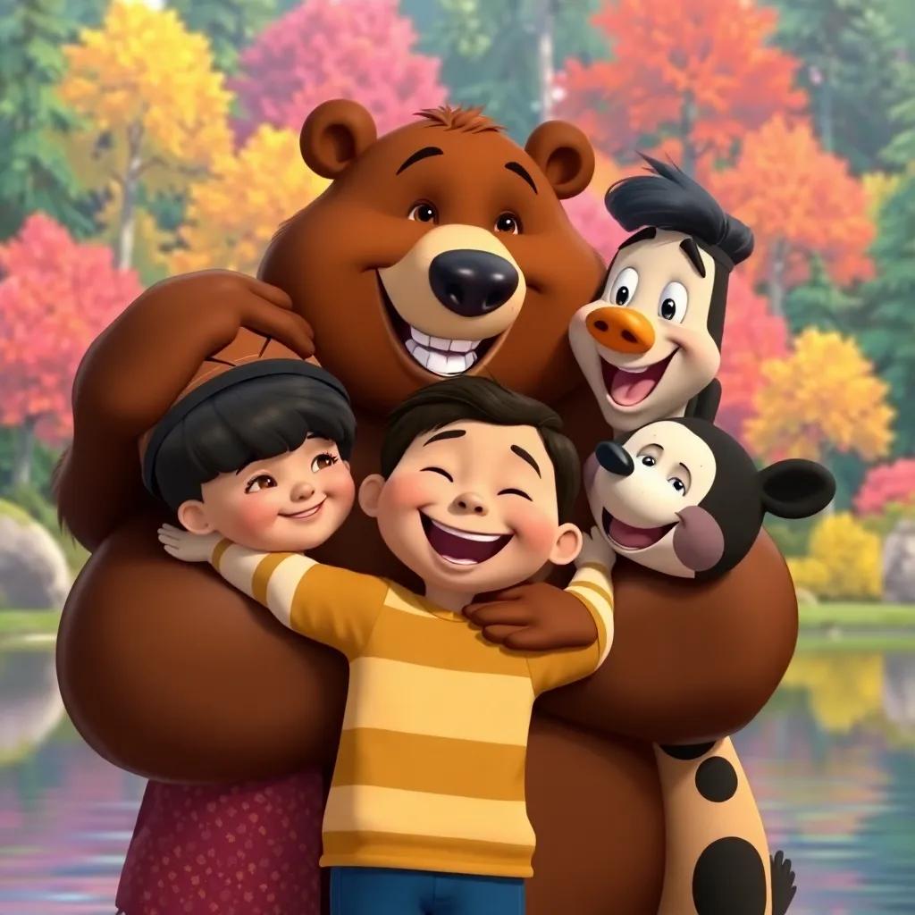 Bruno hugging his mother, a gentle bear with a warm smile, surrounded by Lila and Paco, all smiling in a happy reunion at the lake, colorful forest background, cheerful scene, high quality