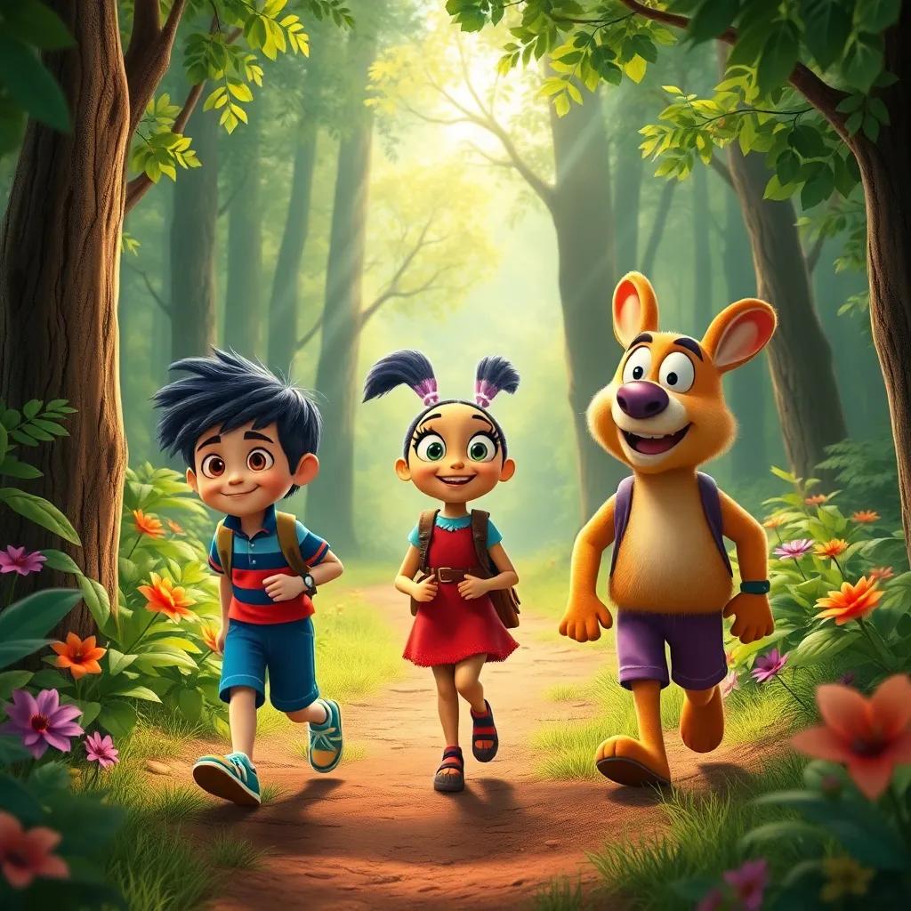 Bruno, Lila, and Paco walking back home together in the vibrant forest, sharing stories of adventure, surrounded by bright colors and happy expressions, inviting and friendly atmosphere, high quality
