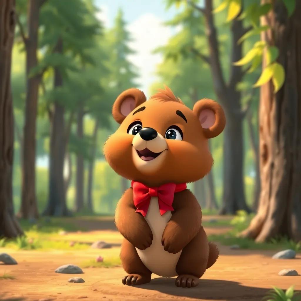 A cute little bear named Tito, small and brown with a red bow around his neck, looking excitedly at trees in a sunny forest, digital art, vibrant colors, cheerful atmosphere, high quality